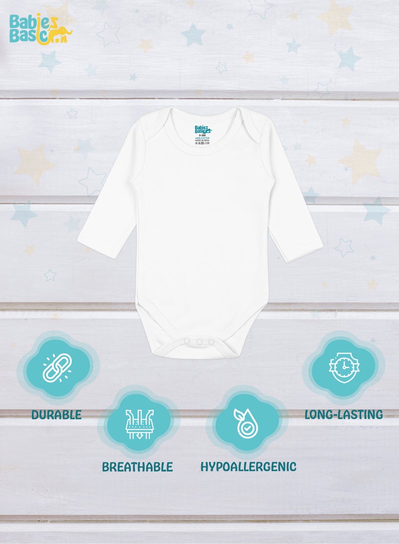 Babies Basic 100% Super Soft Cotton, Long Sleeves Romper/Bodysuit, For New Born To 24Months, Set Of 3 - White  - Image 3