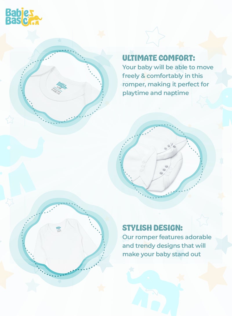 Babies Basic 100% Super Soft Cotton, Long Sleeves Romper/Bodysuit, For New Born To 24Months, Set Of 3 - White  - Image 4