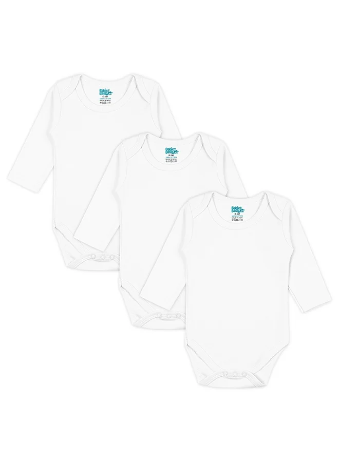 Babies Basic 100% Super Soft Cotton, Long Sleeves Romper/Bodysuit, For New Born To 24Months, Set Of 3 - White