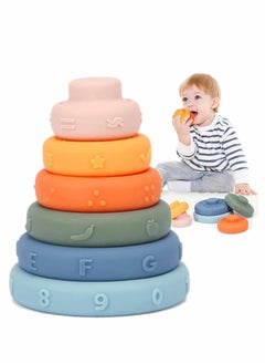Y&D Baby Teething Toys, Stacking Nesting Soft Building Stacker Squeeze Toy, Montessori Sensory Toys with Number, Fruit and Shape, Early Learning, Natural Brain Development for (6 PCS)  - Image 1