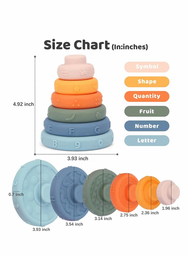 Y&D - Baby Teething Toys, Stacking Nesting Soft Building Stacker Squeeze Toy, Montessori Sensory Toys with Number, Fruit and Shape, Early Learning, Natural Brain Development for (6 PCS) - Image 1