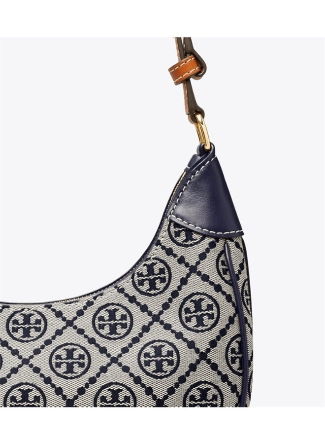 Tory Burch T Monogram Raffia Crescent Embossed Studio Bag Tory Navy  - Image 4