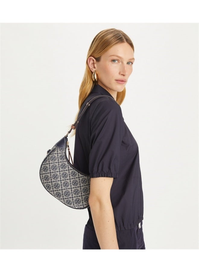 Tory Burch T Monogram Raffia Crescent Embossed Studio Bag Tory Navy  - Image 3