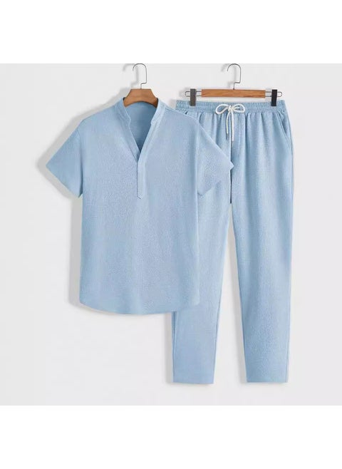 2024 Summer New European and American Mens Casual Sports Suit Short-sleeved Trousers Solid Color Men sky blue