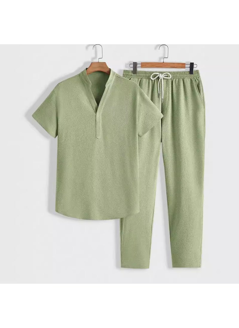 2024 Summer New European and American Mens Casual Sports Suit Short-sleeved Trousers Solid Color Men sky blue