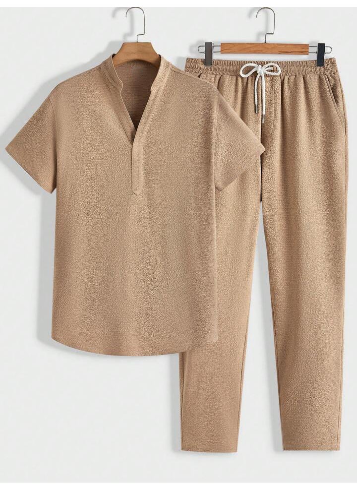2024 Summer New European and American Mens Casual Sports Suit Short-sleeved Trousers Solid Color Men sky blue
