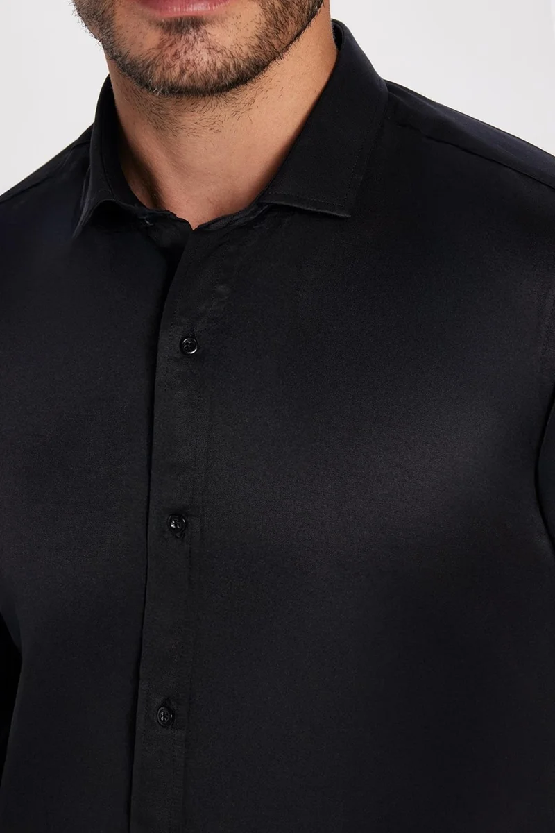 Tudors Modern Slim Fit Long Sleeve Plain Satin Cotton Men's Black Shirt