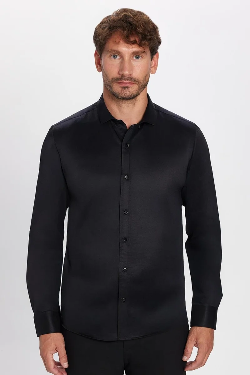 Tudors Modern Slim Fit Long Sleeve Plain Satin Cotton Men's Black Shirt