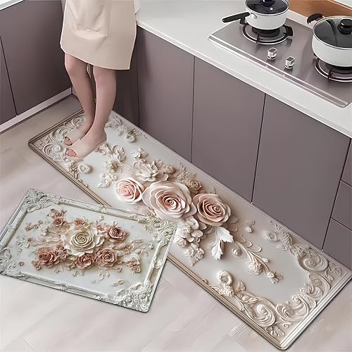 Royser 3D Kitchen Mat Set of 2 | Non Slip Waterproof Cushioned Rose Floor Runner | Anti Fatigue Washable Floral Standing Rug for Kitchen, Home, Entryway & Laundry Area (118x38cm, 58x38cm) - Image 1