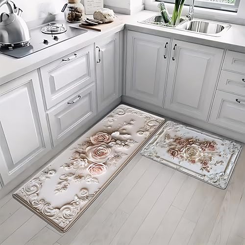 Royser 3D Kitchen Mat Set of 2 | Non Slip Waterproof Cushioned Rose Floor Runner | Anti Fatigue Washable Floral Standing Rug for Kitchen, Home, Entryway & Laundry Area (118x38cm, 58x38cm) - Image 3
