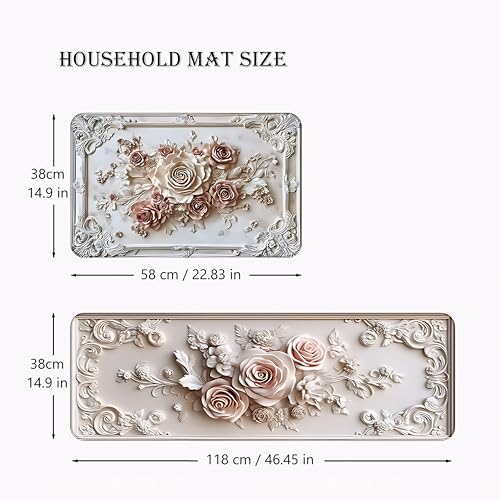 Royser 3D Kitchen Mat Set of 2 | Non Slip Waterproof Cushioned Rose Floor Runner | Anti Fatigue Washable Floral Standing Rug for Kitchen, Home, Entryway & Laundry Area (118x38cm, 58x38cm) - Image 2
