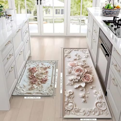 Royser 3D Kitchen Mat Set of 2 | Non Slip Waterproof Cushioned Rose Floor Runner | Anti Fatigue Washable Floral Standing Rug for Kitchen, Home, Entryway & Laundry Area (118x38cm, 58x38cm) - Image 5