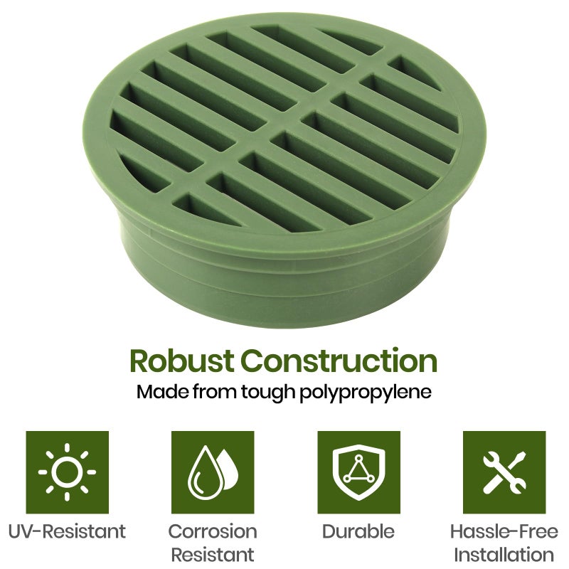 Calvana (2-Pack) Calvana 4â€ Plastic Round Drainage Grate Cover, Fits 4â€ Pipes, Prevents Debris, Ideal for Lawns, Patios, and Walkways, Durable UV-Resistant Plastic, Easy Installation, Green - Image 4