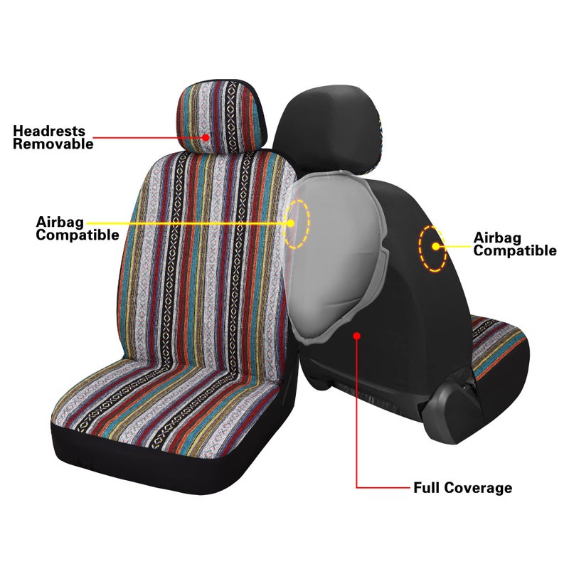 Pariitadin Baja Saddle Blanket Car Seat Covers Full Set with Seat Belt Pads, Washable Breathable Striped Woven Cloth Seat Covers for Cars Interior, Universal Fit Most Cars, Airbag Compatible, Red - Image 3