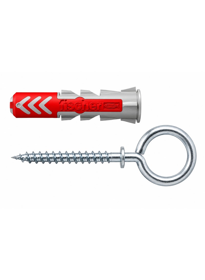 fischer DuoPower 10 x 50 Universal Wall Plug with Eye Hook, two-component nylon plug, matching eye hook, red expansion wings, for concrete brick aerated concrete plasterboard chipboard and hollow block