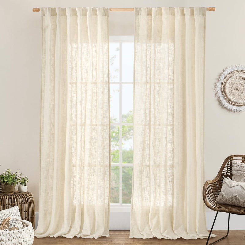 LAMIT Beige Linen Curtains for Living Room 2 Panels Set, 84 Inch Faux Linen Textured Light Filtering Drapes Back Tab and Rod Pocket Boho Panels for Farmhouse/Bedroom/Porch, 52 x 84 Inch - Image 1