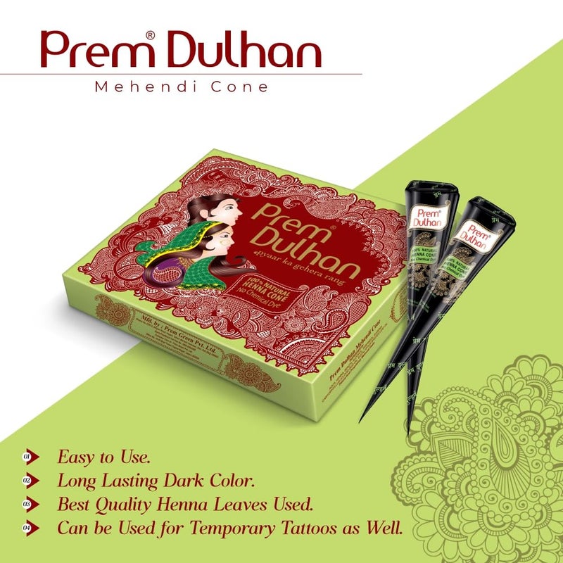 Prem Dulhan Natural HennaBased Mehendi Cones Set Pack of 3 36 Cones for Hand Designing  ChemicalFree Perfect for Weddings  Traditional Occasions  Green Day Box for Women  Girls - Image 4