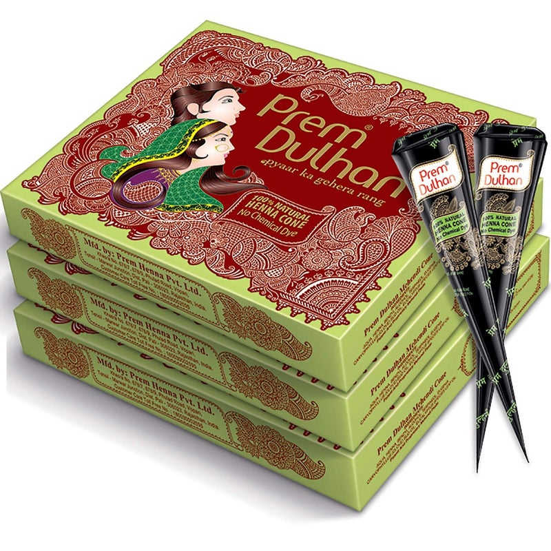 Prem Dulhan Natural HennaBased Mehendi Cones Set Pack of 3 36 Cones for Hand Designing  ChemicalFree Perfect for Weddings  Traditional Occasions  Green Day Box for Women  Girls - Image 1