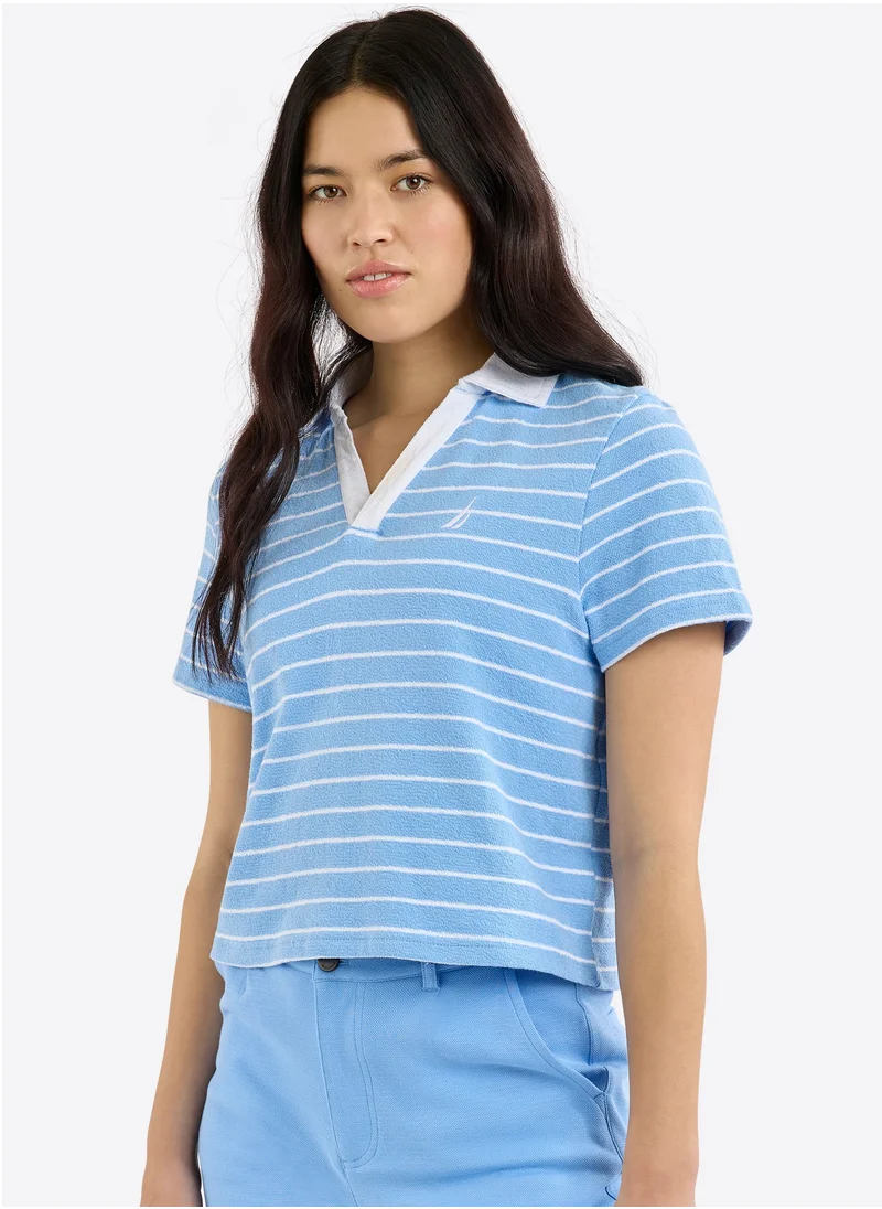 NAUTICA Women's White and Blue Short Sleeve V- Neck Polo Shirt, Lightweight Summer Collection