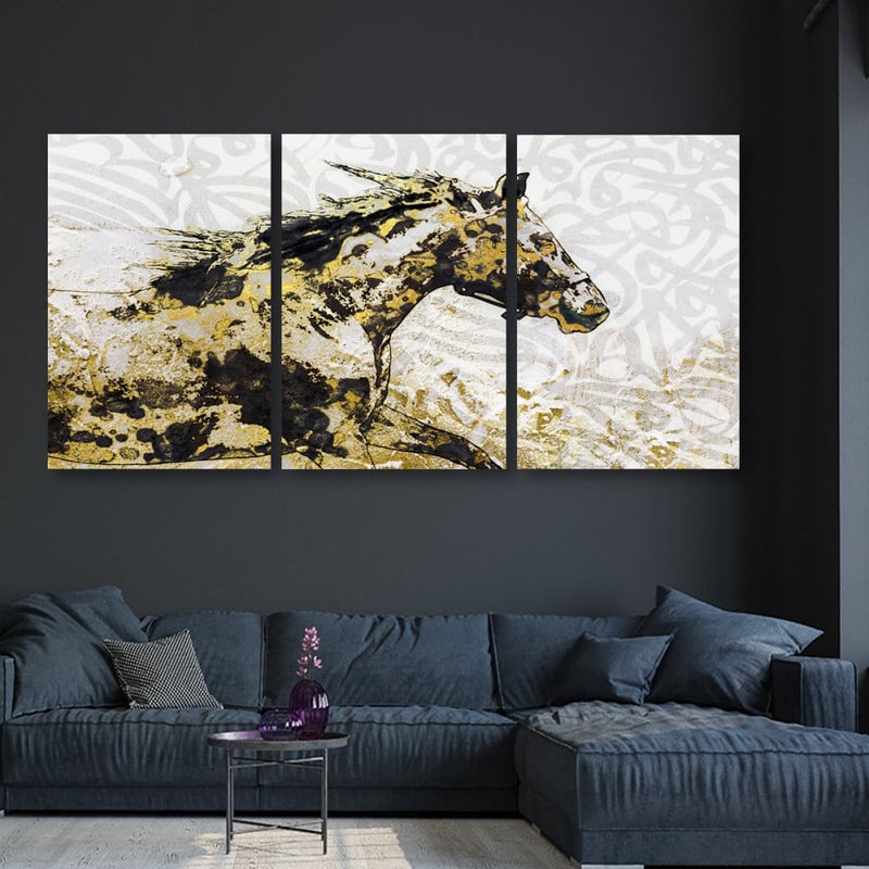 Marktna Three modern canvas paintings with a horse design and a hollow frame, measuring (90×40), three pieces - Image 1