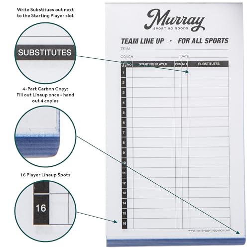 Murray Sporting Goods Baseball/Softball Lineup Cards - 30 Games with 16 Player Roster Lineup Sheet (4-Part Carbon Copies) (1) - Image 2