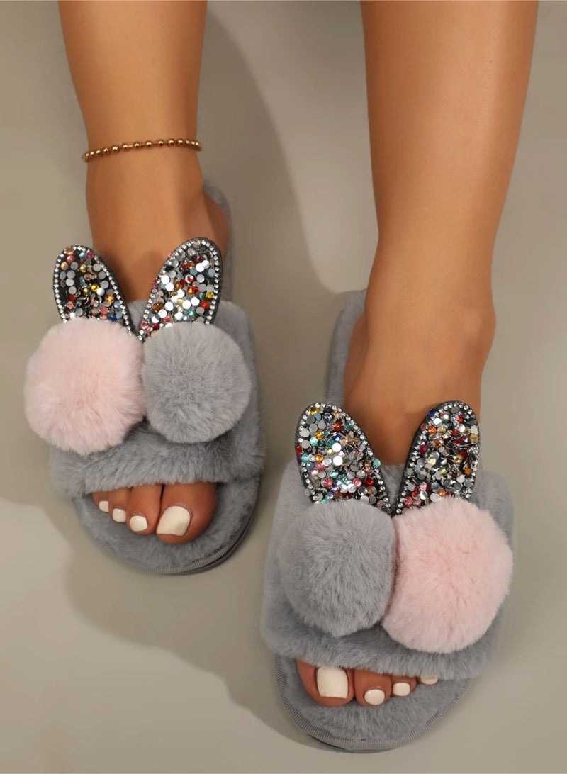shein Women's Gray College Style Round Toe Plain Fun Plush Novelty Slippers - Image 1
