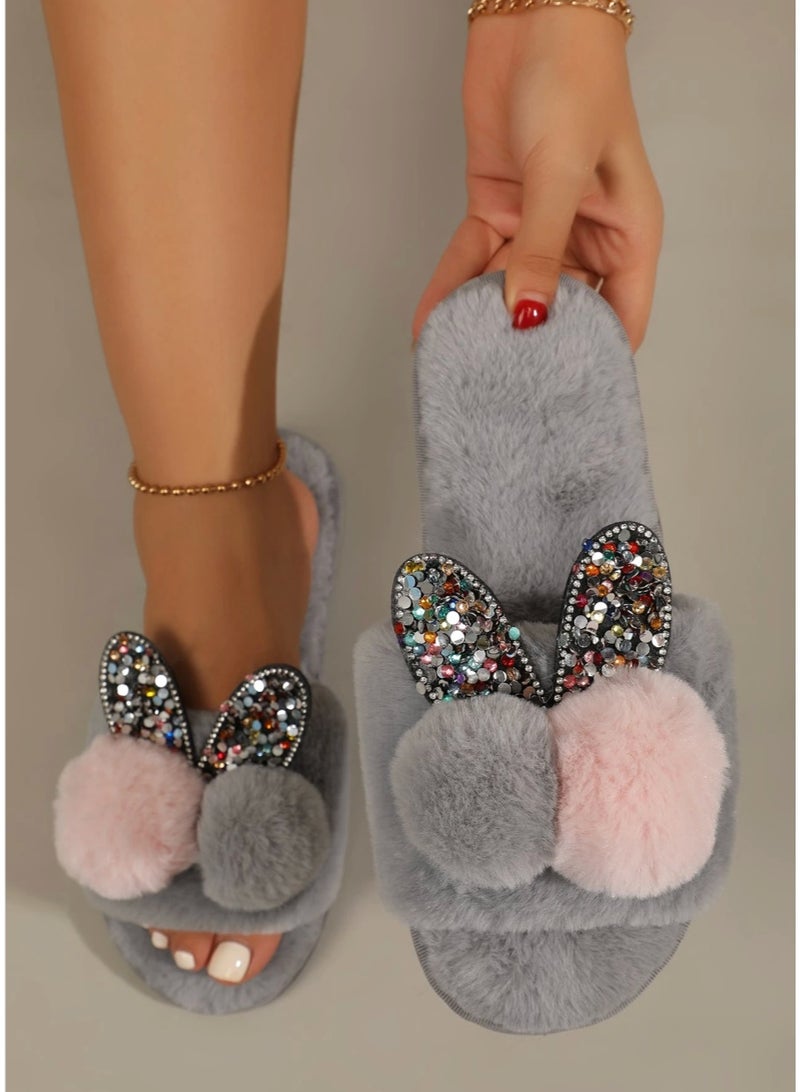 shein Women's Gray College Style Round Toe Plain Fun Plush Novelty Slippers - Image 4