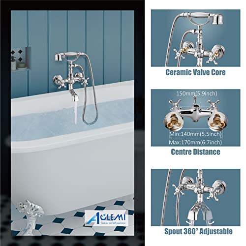 Aolemi Wall Mount Bathtub Faucet with Handheld Shower Polish Chrome Double Cross Handle Mixer Tap with Telephone Shaped Hand Sprayer Vintage Tub Filler - Image 5