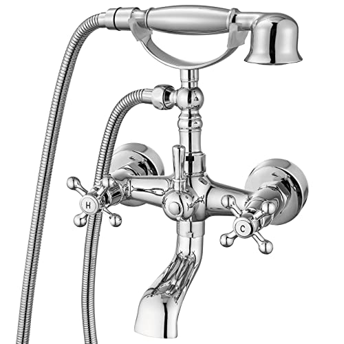 Aolemi Wall Mount Bathtub Faucet with Handheld Shower Polish Chrome Double Cross Handle Mixer Tap with Telephone Shaped Hand Sprayer Vintage Tub Filler - Image 1