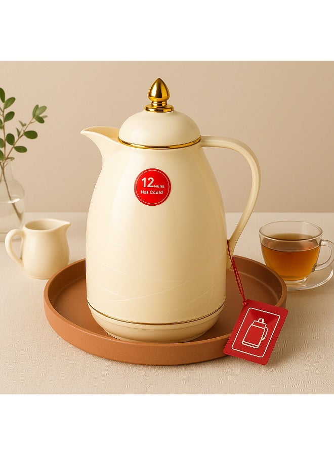 باصرة ترمس شاي وقهوة بيج فاخر سعة 1 لتر – حفظ حراري 12 ساعة وحفظ برودة 24 ساعة – دلة عصرية بلمسة ذهبية أنيقة للضيافة والاستخدام اليومي - Image 2