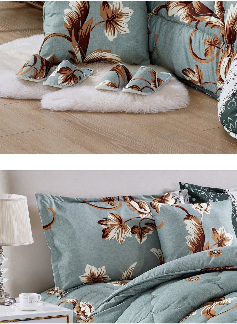 Moon Bed In A Bag Medium Filling King Size Comforter Set, 10 Pcs Floral Bedding Set Size 220 X 240 Cm with Comforter, Quilted Bed Skirt, Pillowcases, Cushion & Bedroom Slipper, Multicolor  - Image 3