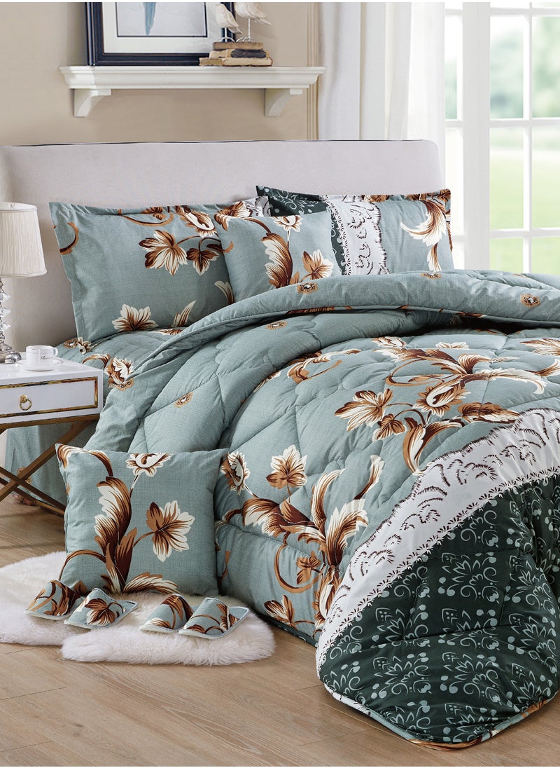 Moon Bed In A Bag Medium Filling King Size Comforter Set, 10 Pcs Floral Bedding Set Size 220 X 240 Cm with Comforter, Quilted Bed Skirt, Pillowcases, Cushion & Bedroom Slipper, Multicolor  - Image 1