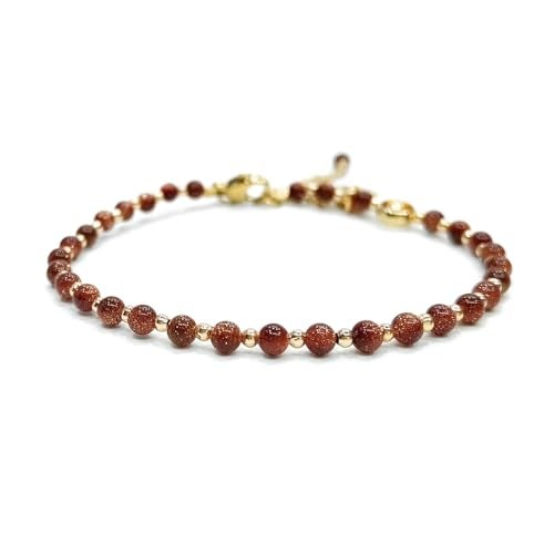 Morchic 3mm Goldsand Stone Tiny Beads Bracelet for Women, Adjustable 7.1" Dainty Handmade Energy Gem Jewelry, Birthday Gift - Image 1