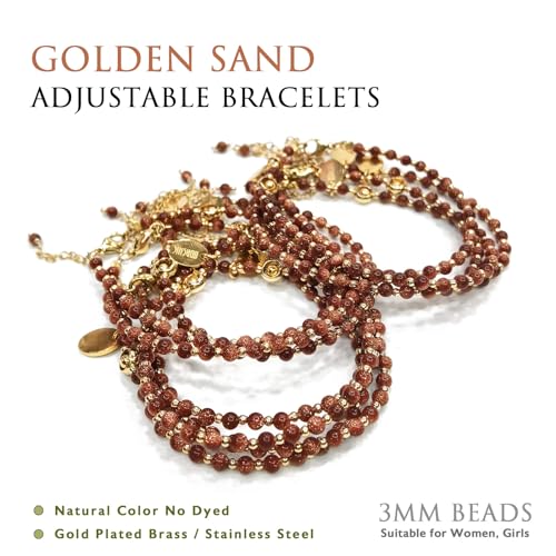 Morchic 3mm Goldsand Stone Tiny Beads Bracelet for Women, Adjustable 7.1" Dainty Handmade Energy Gem Jewelry, Birthday Gift - Image 3