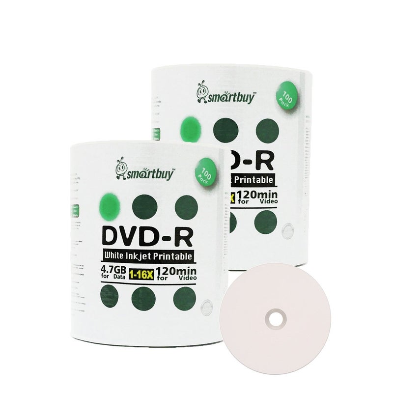 Smartbuy سمارت باي 4.7 جيجابايت/120 دقيقة 16x قرص DVD-R أبيض قابل للطباعة بالحبر فارغ (200 قرص) - Image 1