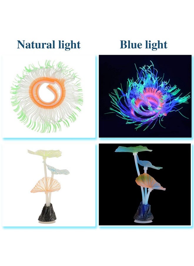Weewooday - 57 Pieces Glowing Fish Tank Decorations Plants With Simulation Glowing Silicone Coral Glowing Jellyfish Lotus Leaf Changeable Green Sea Anemone Luminous Stones For Aquarium Fish Tank Glow Ornament - Image 1