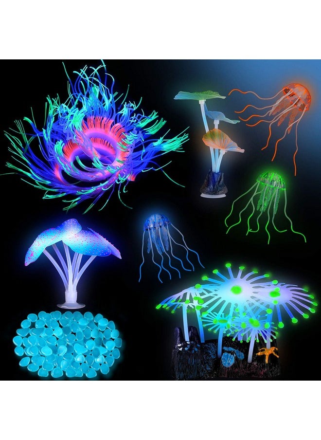 Weewooday - 57 Pieces Glowing Fish Tank Decorations Plants With Simulation Glowing Silicone Coral Glowing Jellyfish Lotus Leaf Changeable Green Sea Anemone Luminous Stones For Aquarium Fish Tank Glow Ornament - Image 1