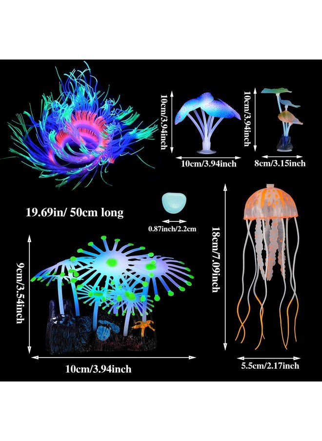 Weewooday - 57 Pieces Glowing Fish Tank Decorations Plants With Simulation Glowing Silicone Coral Glowing Jellyfish Lotus Leaf Changeable Green Sea Anemone Luminous Stones For Aquarium Fish Tank Glow Ornament - Image 1