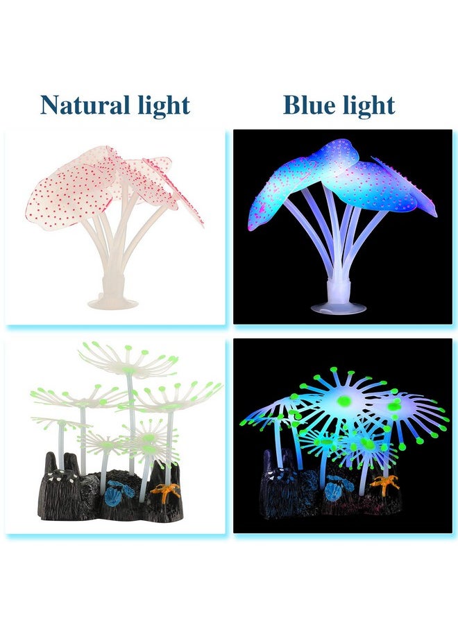 Weewooday - 57 Pieces Glowing Fish Tank Decorations Plants With Simulation Glowing Silicone Coral Glowing Jellyfish Lotus Leaf Changeable Green Sea Anemone Luminous Stones For Aquarium Fish Tank Glow Ornament - Image 1