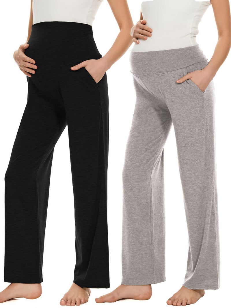 Ecavus Women's Maternity Wide/Straight Versatile Comfy Palazzo Lounge Pants Stretch Pregnancy Trousers with Pockets - Image 1