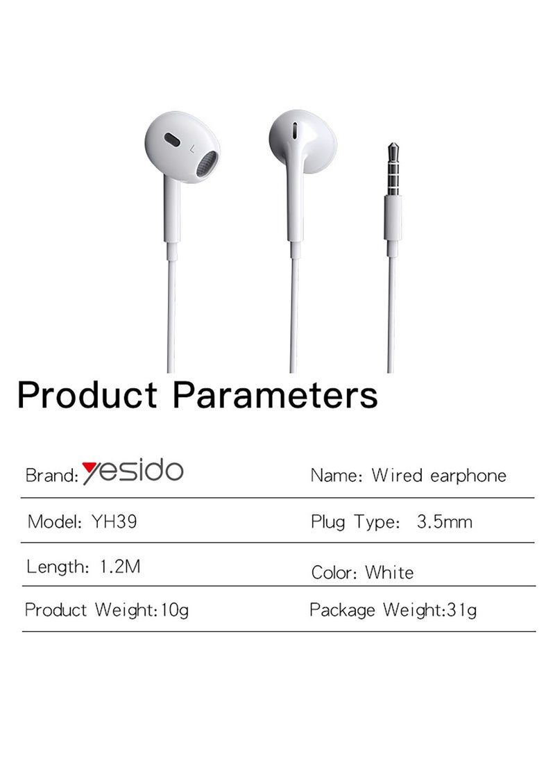 Yesido YH39 High Quality Original Chip In Ear Stereo Sound 3.5mm Wired Earphone - White - pzsku/ZB265FAE748922DC9D941Z/45/_/1722692635/91fe72d5-6e1c-420b-8523-f2fdac947bbb