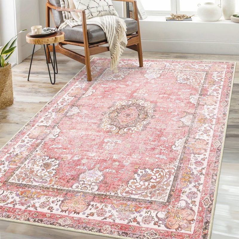 Castage Pink Rug 3'x5',Washable Area Rugs for Bedroom Living Room Kitchen Entryway Bedside,Small Boho Vintage Bohemian Distressed Oriental Non Slip Carpet,Blush Floral Flowers - Image 1