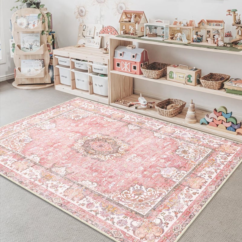 Castage Pink Rug 3'x5',Washable Area Rugs for Bedroom Living Room Kitchen Entryway Bedside,Small Boho Vintage Bohemian Distressed Oriental Non Slip Carpet,Blush Floral Flowers - Image 3