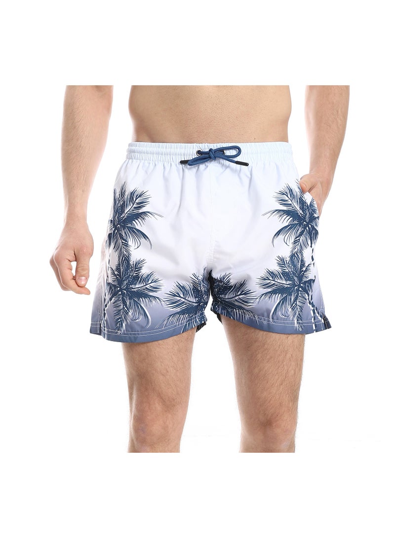 Pavone Palm Tree Pattern Regular Fit Swim Shorts - White & Navy Blue - Image 1