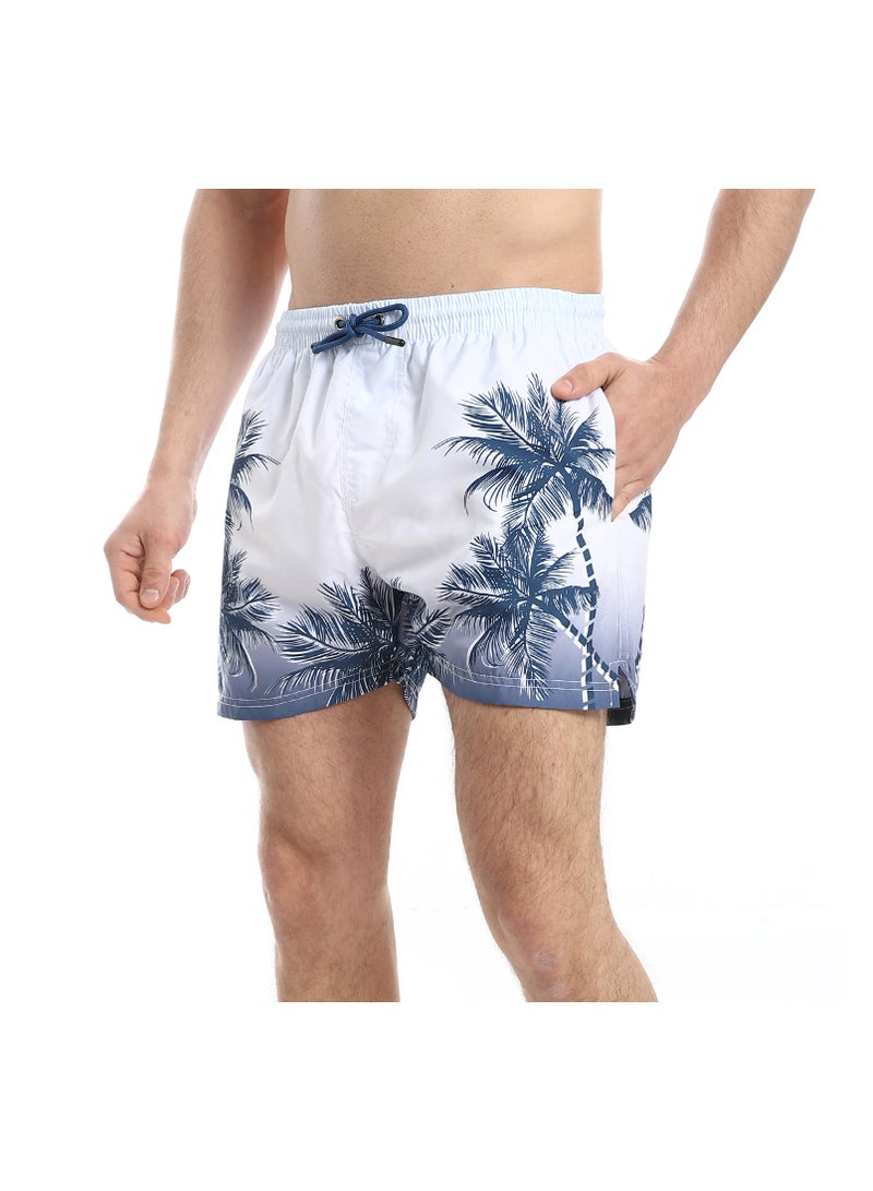 Pavone Palm Tree Pattern Regular Fit Swim Shorts - White & Navy Blue - Image 2