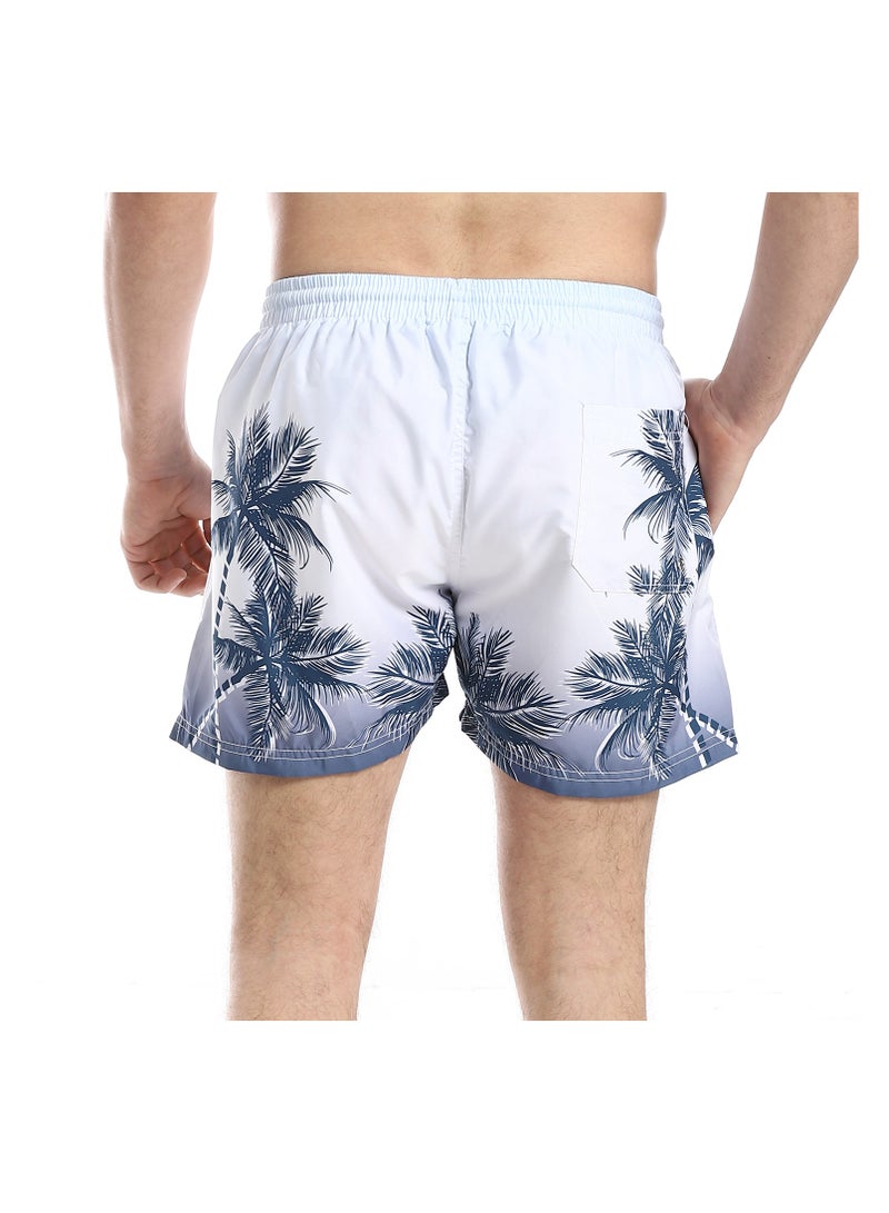 Pavone Palm Tree Pattern Regular Fit Swim Shorts - White & Navy Blue - Image 3