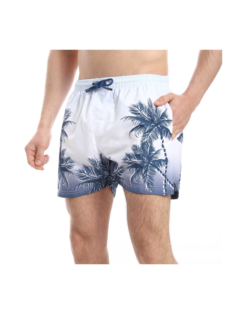 Pavone Palm Tree Pattern Regular Fit Swim Shorts - White & Navy Blue - Image 4
