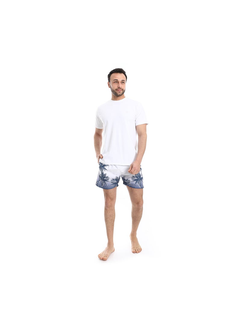 Pavone Palm Tree Pattern Regular Fit Swim Shorts - White & Navy Blue - Image 5