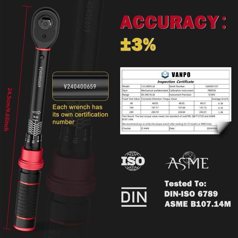 VANPO 1/4-inch Drive Click Torque Wrench, 20-240 in. lb/2.3-27.1 Nm, Inch Pound Torque Wrench Set with 1/4" to 3/8" Adapter, 10cm Extension Bar, Small Bike Torque Wrench for MTB, Bicycle Maintenance - Image 3