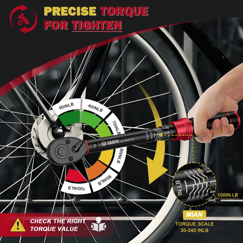VANPO 1/4-inch Drive Click Torque Wrench, 20-240 in. lb/2.3-27.1 Nm, Inch Pound Torque Wrench Set with 1/4" to 3/8" Adapter, 10cm Extension Bar, Small Bike Torque Wrench for MTB, Bicycle Maintenance - Image 5